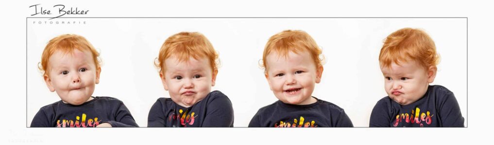 kinderfotografie vier portretten van ondeugend klein roodharig meisje dat gekke bekken trekt